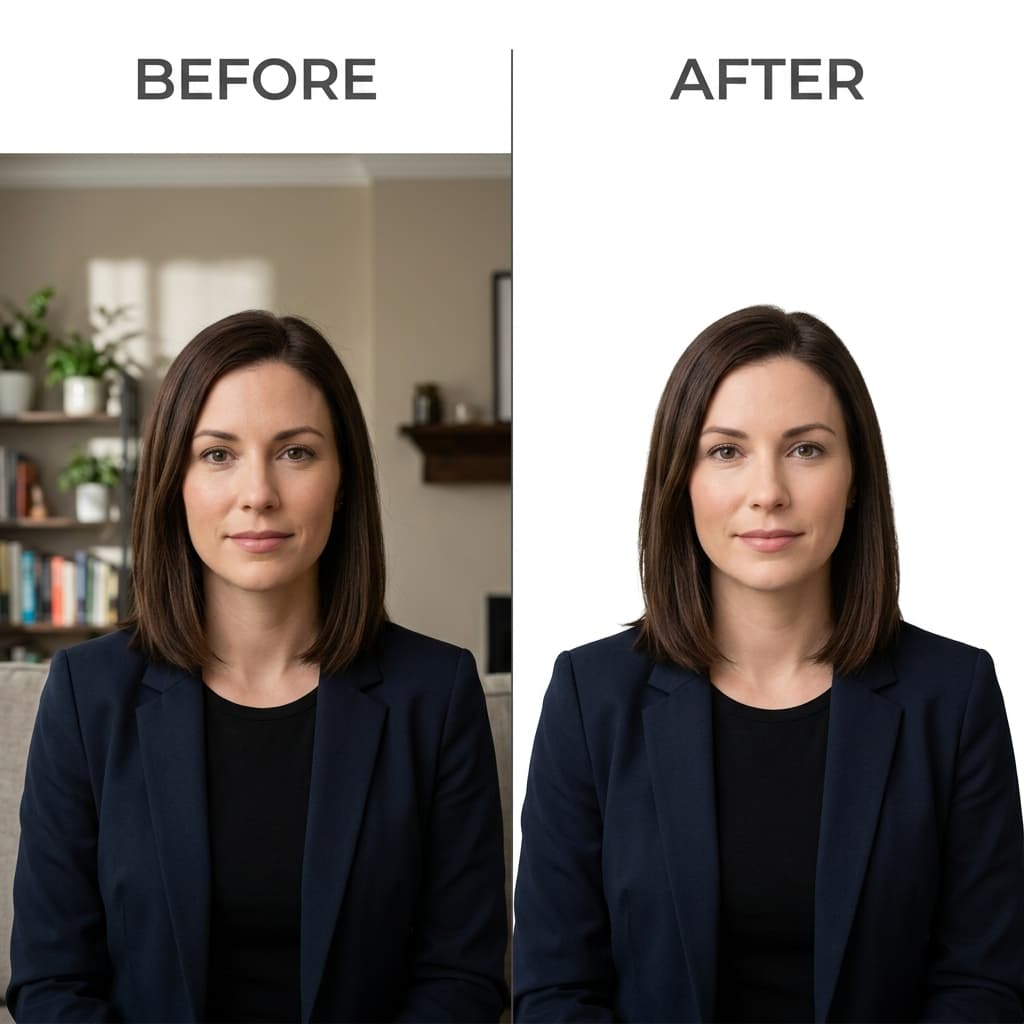 Before and after passport photo white background replacement