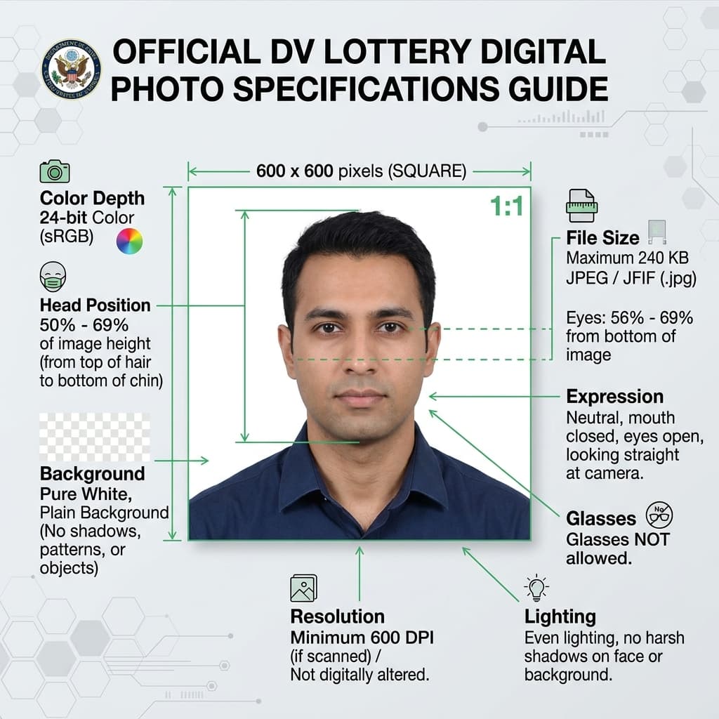 Official DV Lottery digital photo specifications guide 600x600 pixels