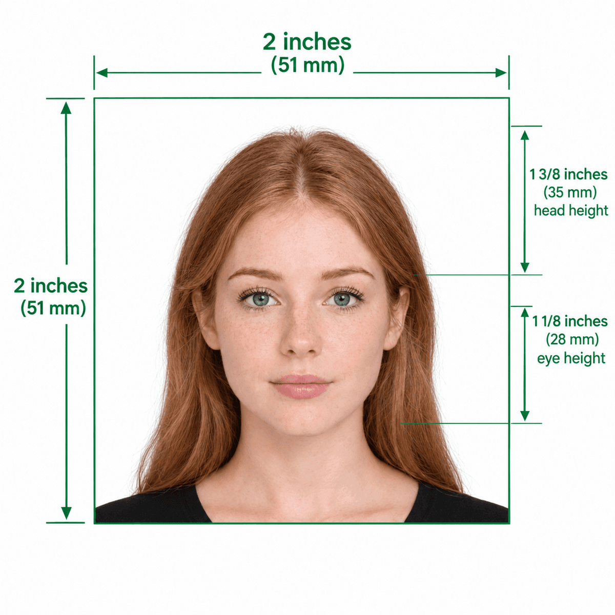 Official US 2x2 inch passport and visa photo dimensional guide example with head height proportions
