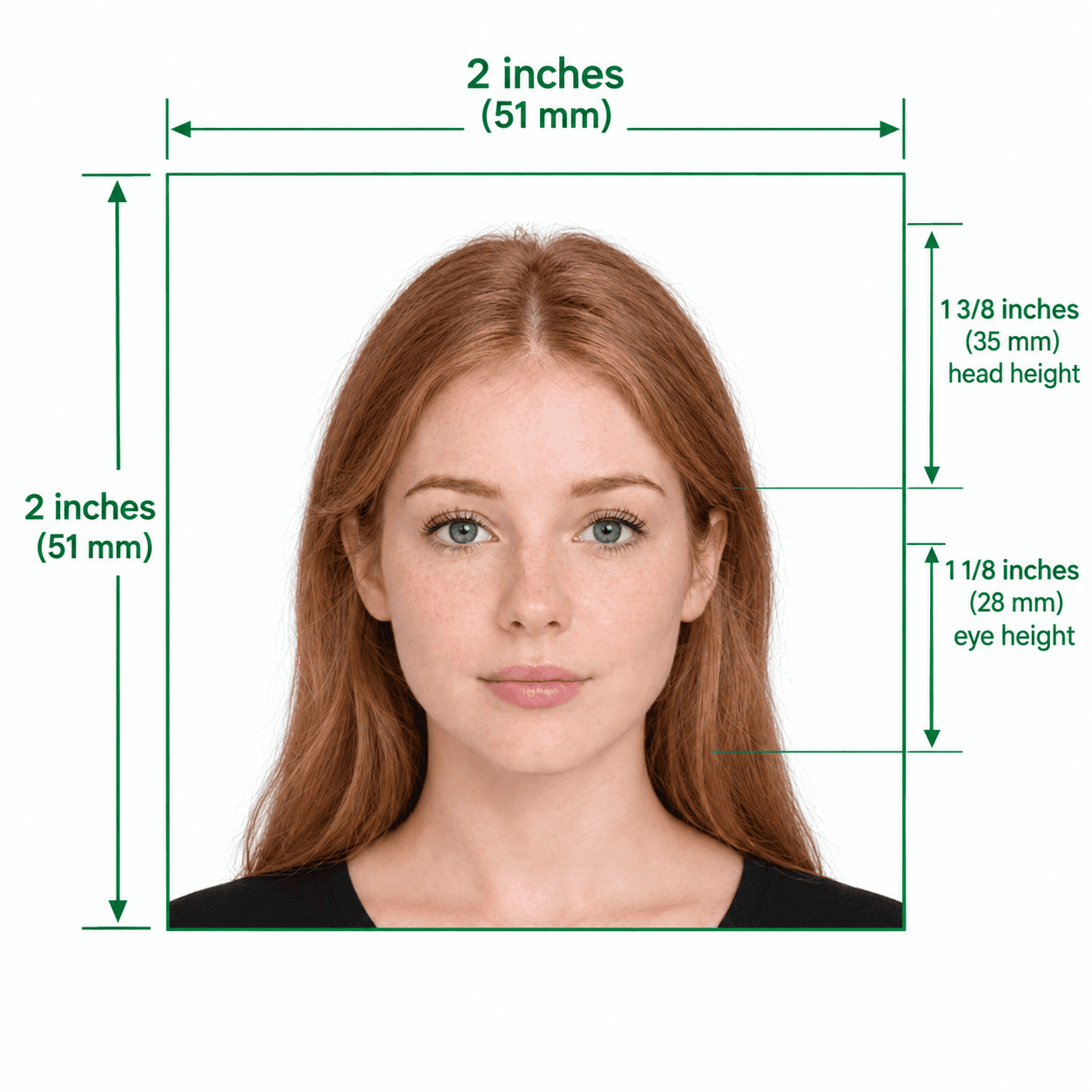 Sample US passport photo showing the 2×2 inch size and correct head position